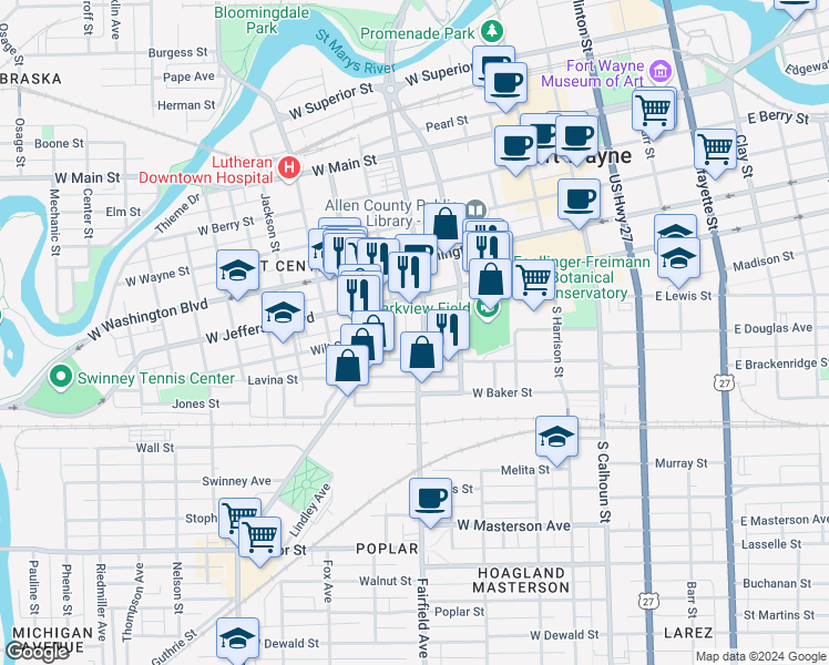 map of restaurants, bars, coffee shops, grocery stores, and more near 1115 Fulton Street in Fort Wayne