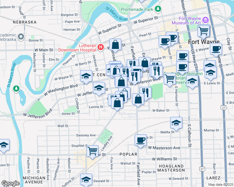 map of restaurants, bars, coffee shops, grocery stores, and more near 699 Sturgis Street in Fort Wayne