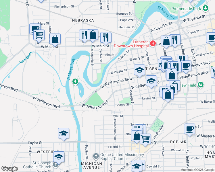 map of restaurants, bars, coffee shops, grocery stores, and more near 1325 West Washington Boulevard in Fort Wayne