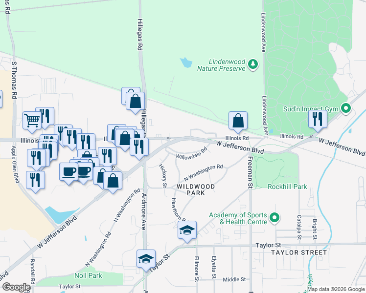 map of restaurants, bars, coffee shops, grocery stores, and more near 3530 Illinois Road in Fort Wayne
