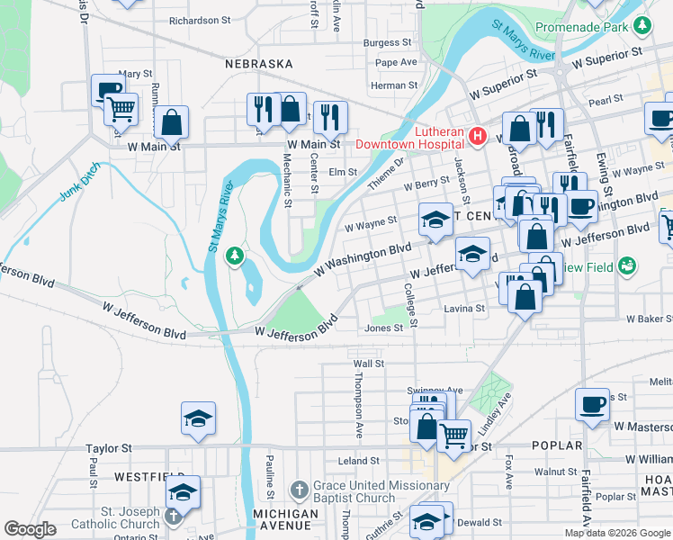 map of restaurants, bars, coffee shops, grocery stores, and more near 1325 West Washington Boulevard in Fort Wayne