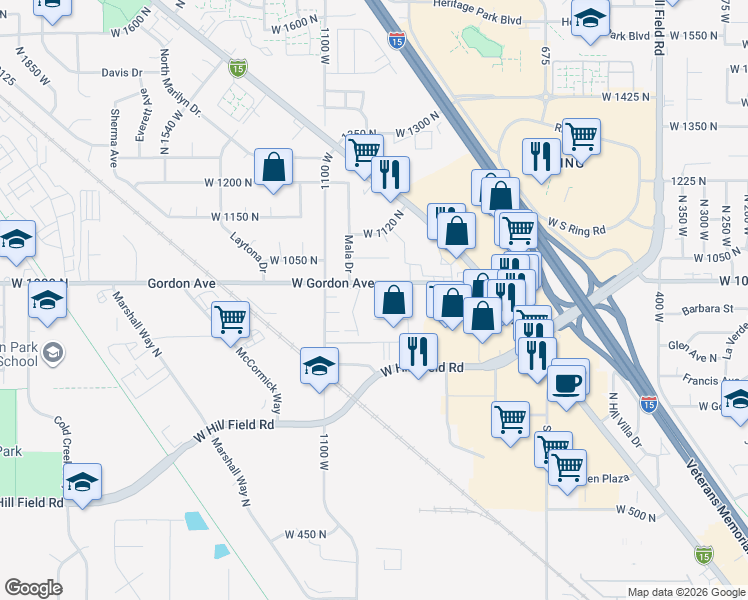 map of restaurants, bars, coffee shops, grocery stores, and more near 1066 North 1075 West in Layton