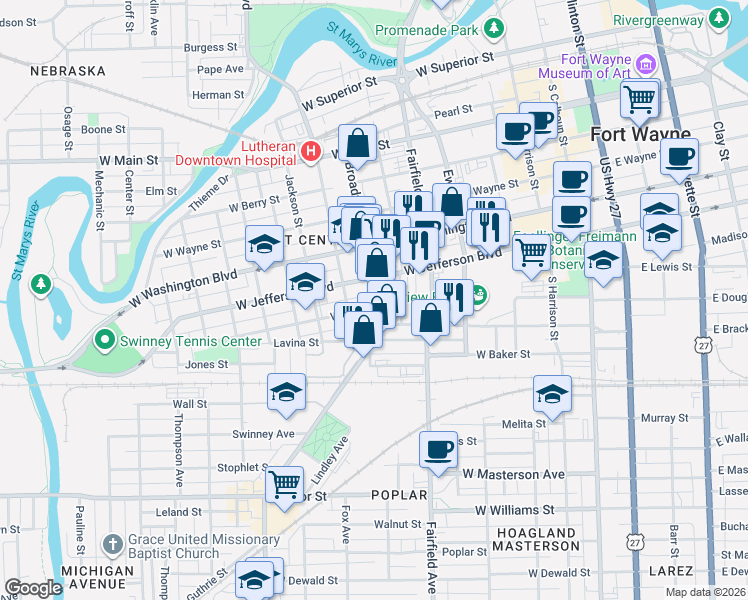 map of restaurants, bars, coffee shops, grocery stores, and more near 1121 Broadway in Fort Wayne