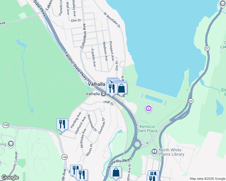 map of restaurants, bars, coffee shops, grocery stores, and more near 10 Madison Avenue in Valhalla