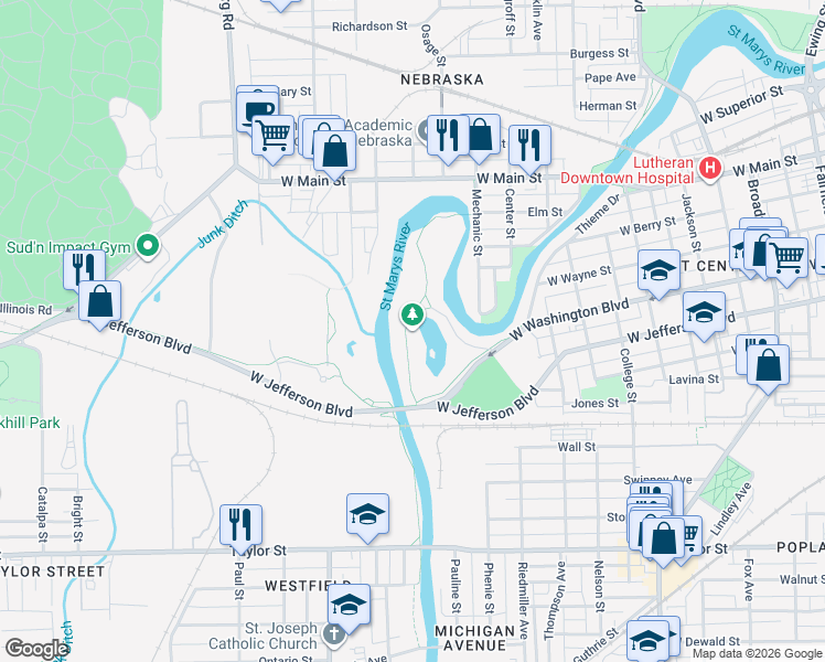 map of restaurants, bars, coffee shops, grocery stores, and more near Yarnelle Trail in Fort Wayne