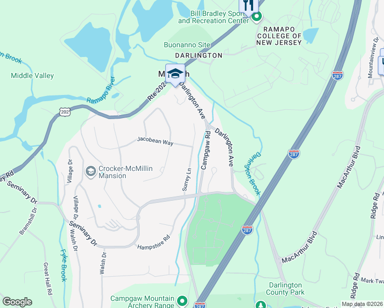 map of restaurants, bars, coffee shops, grocery stores, and more near 2 Surrey Lane in Mahwah