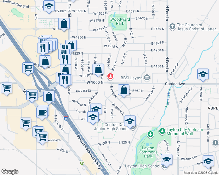 map of restaurants, bars, coffee shops, grocery stores, and more near 981 Hill Boulevard in Layton