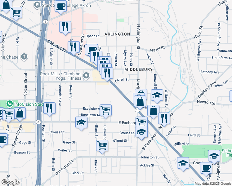 map of restaurants, bars, coffee shops, grocery stores, and more near 800 East Market Street in Akron