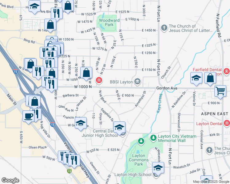 map of restaurants, bars, coffee shops, grocery stores, and more near 975 Garnet Street in Layton