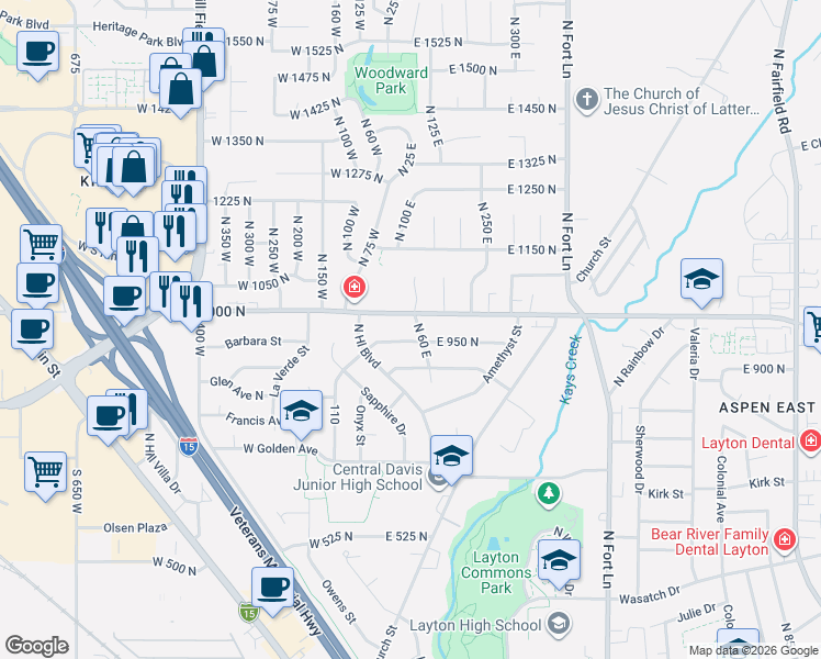 map of restaurants, bars, coffee shops, grocery stores, and more near 975 Garnet Street in Layton