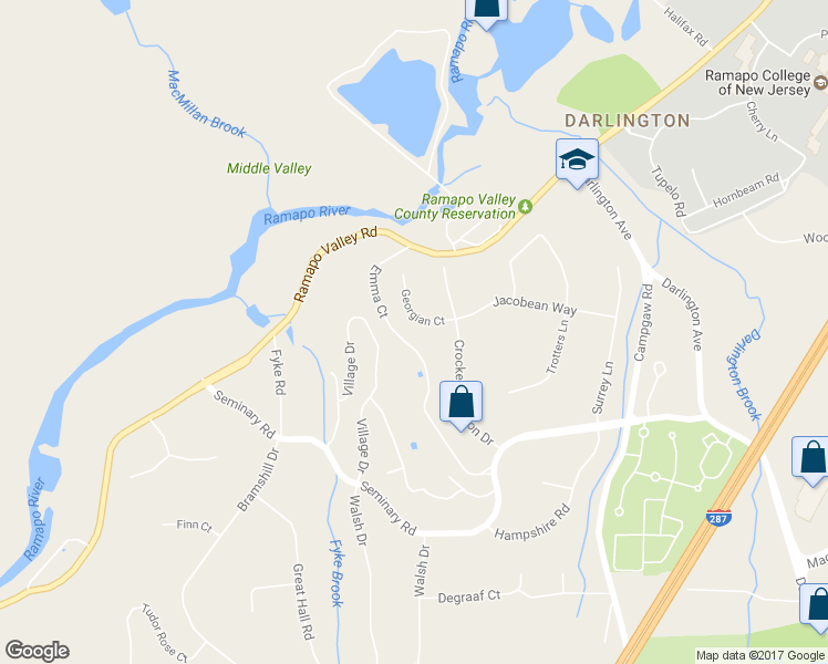 map of restaurants, bars, coffee shops, grocery stores, and more near 54 Georgian Court in Mahwah