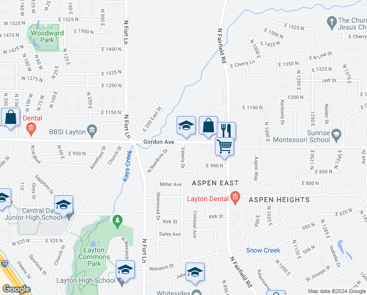 map of restaurants, bars, coffee shops, grocery stores, and more near 970 Valeria Drive in Layton