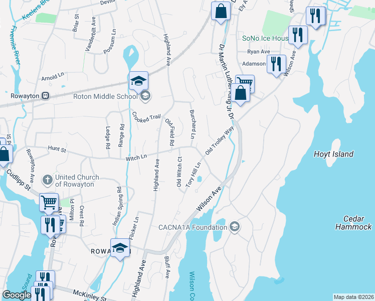 map of restaurants, bars, coffee shops, grocery stores, and more near 117 Witch Lane in Norwalk