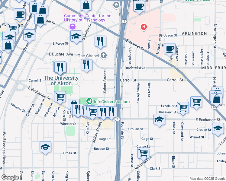 map of restaurants, bars, coffee shops, grocery stores, and more near 465 Orchard Street in Akron