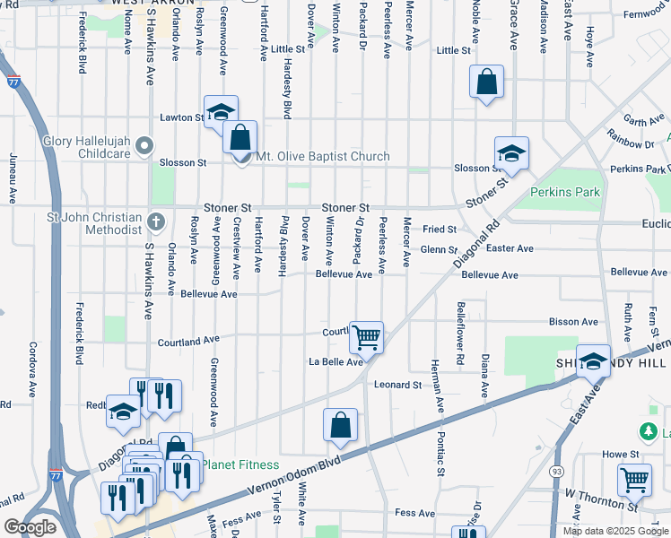 map of restaurants, bars, coffee shops, grocery stores, and more near 1115 Winton Avenue in Akron