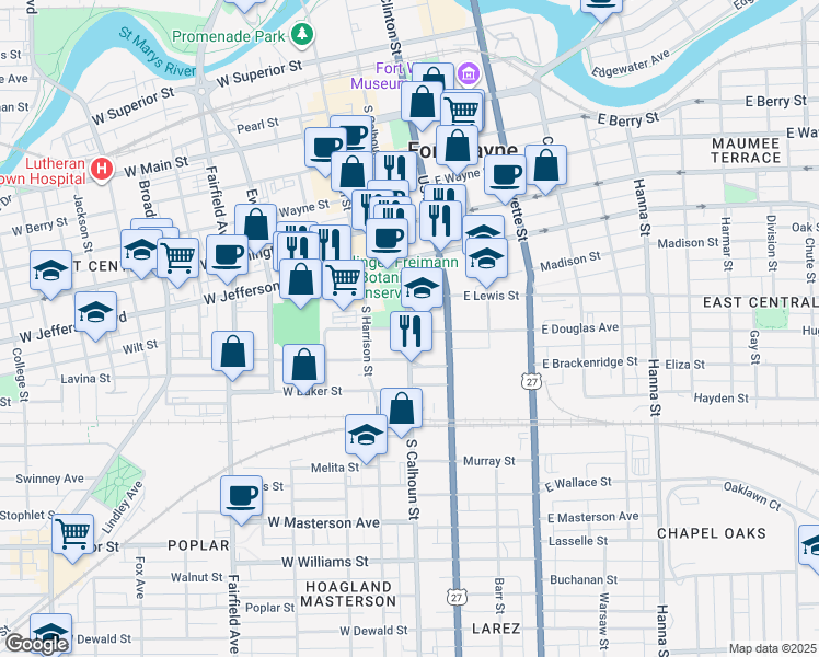 map of restaurants, bars, coffee shops, grocery stores, and more near 1301 South Calhoun Street in Fort Wayne