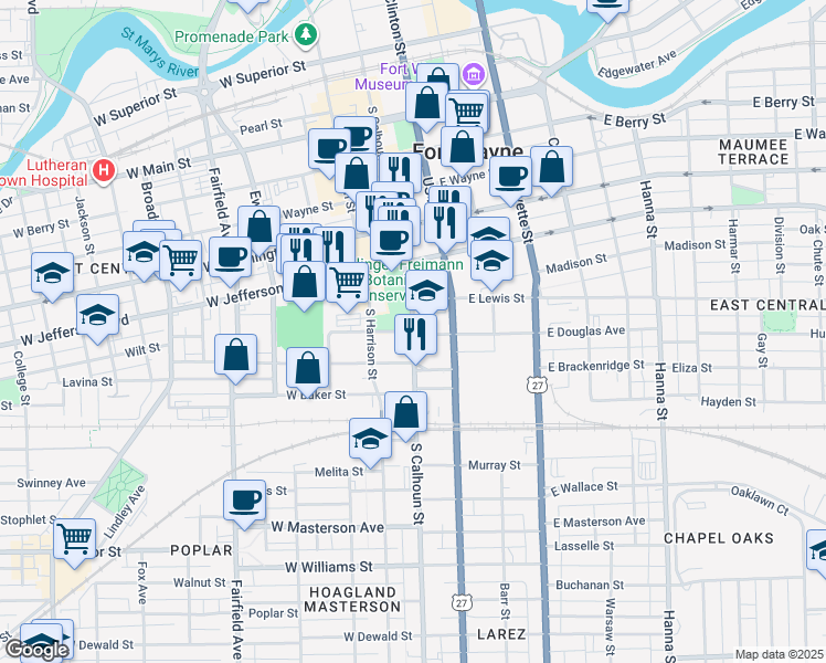 map of restaurants, bars, coffee shops, grocery stores, and more near 1301 South Calhoun Street in Fort Wayne