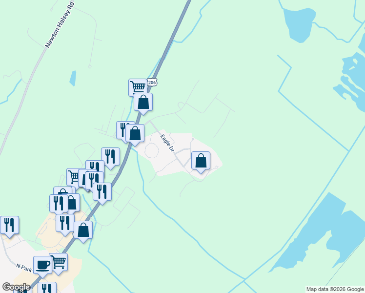 map of restaurants, bars, coffee shops, grocery stores, and more near 10 Bluebird Court in Newton