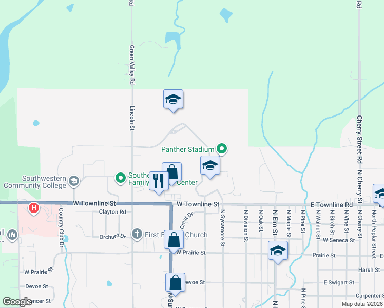 map of restaurants, bars, coffee shops, grocery stores, and more near 601 West Townline Street in Creston