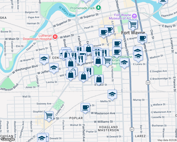 map of restaurants, bars, coffee shops, grocery stores, and more near 1250 Ewing Street in Fort Wayne