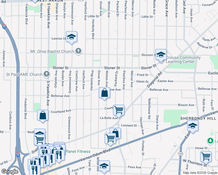 map of restaurants, bars, coffee shops, grocery stores, and more near 1115 Winton Avenue in Akron