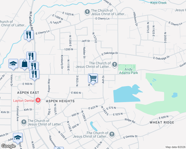 map of restaurants, bars, coffee shops, grocery stores, and more near 1375 East in Layton