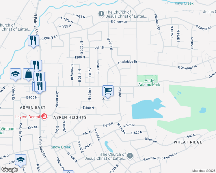 map of restaurants, bars, coffee shops, grocery stores, and more near 1375 East in Layton