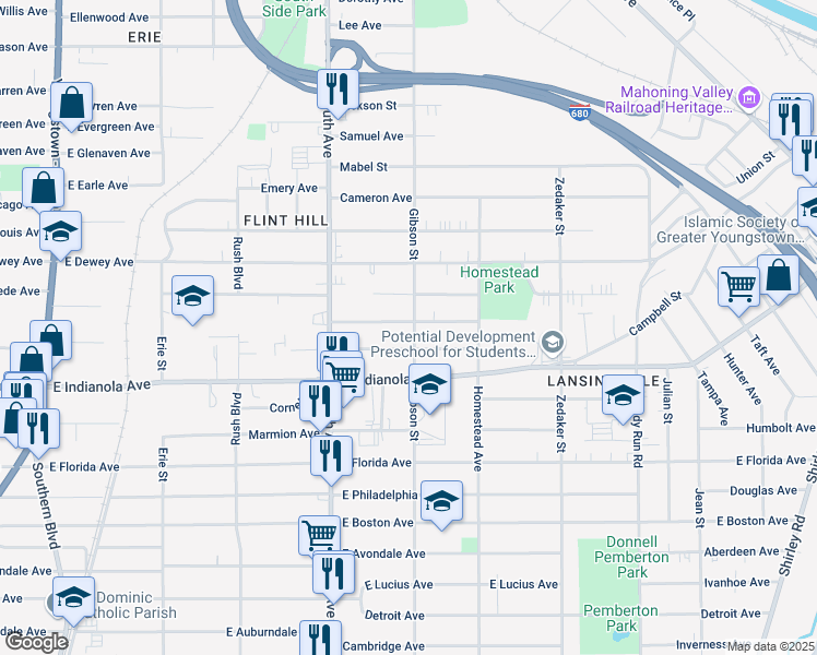 map of restaurants, bars, coffee shops, grocery stores, and more near 645 Wilbur Avenue in Youngstown