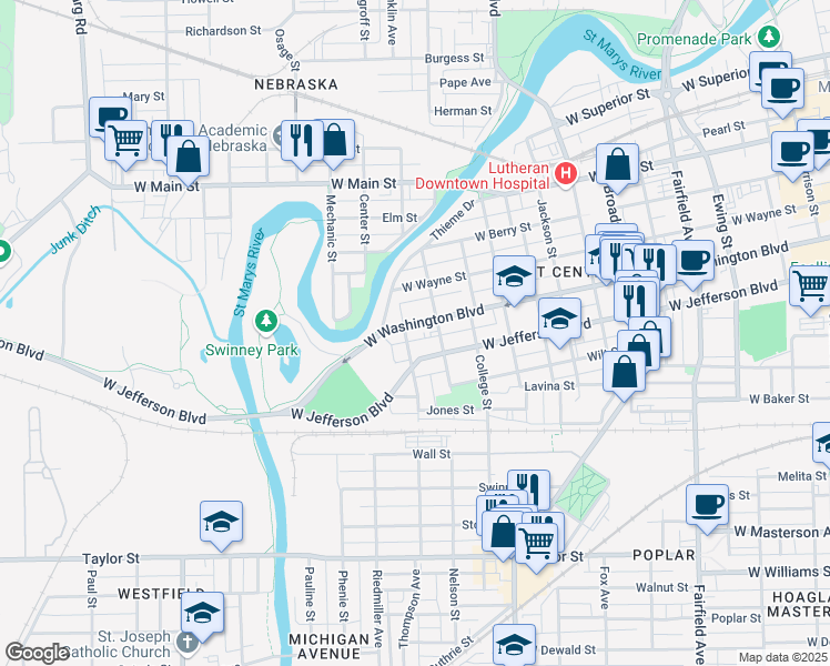 map of restaurants, bars, coffee shops, grocery stores, and more near 1325 West Washington Boulevard in Fort Wayne
