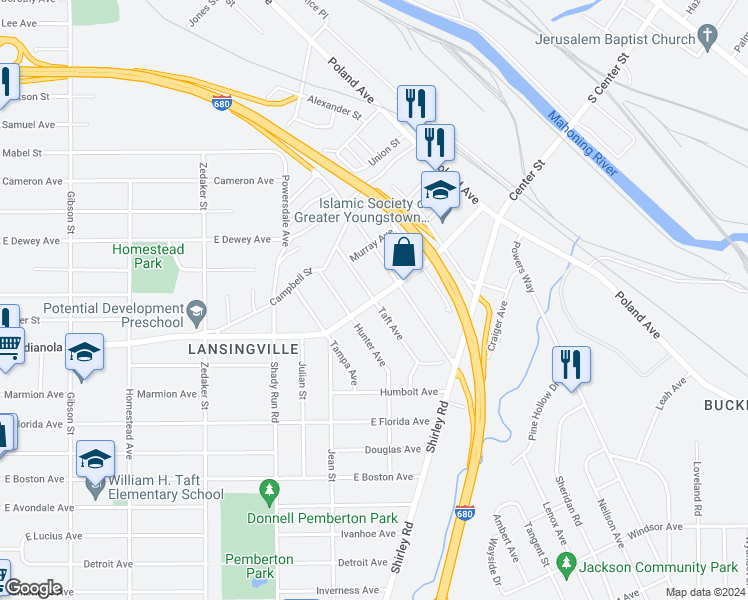 map of restaurants, bars, coffee shops, grocery stores, and more near 2598 Taft Avenue in Youngstown