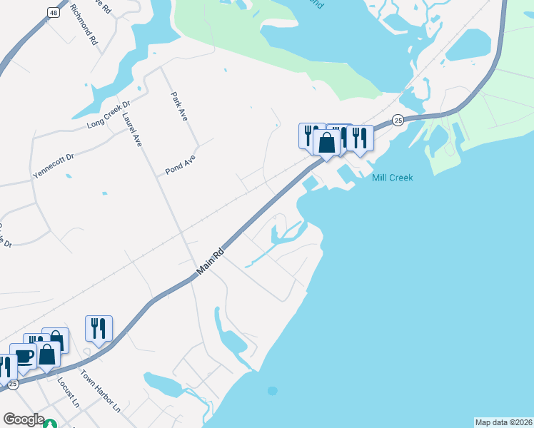 map of restaurants, bars, coffee shops, grocery stores, and more near 545 Budds Pond Road in Southold