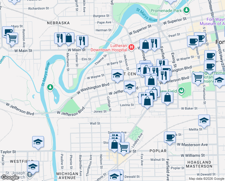map of restaurants, bars, coffee shops, grocery stores, and more near 1011 College Street in Fort Wayne