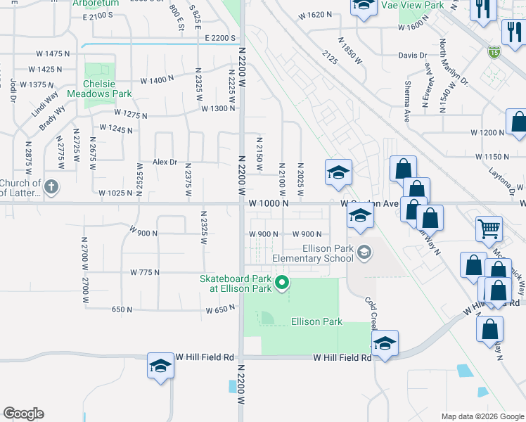 map of restaurants, bars, coffee shops, grocery stores, and more near 2114 West Gordon Avenue in Layton