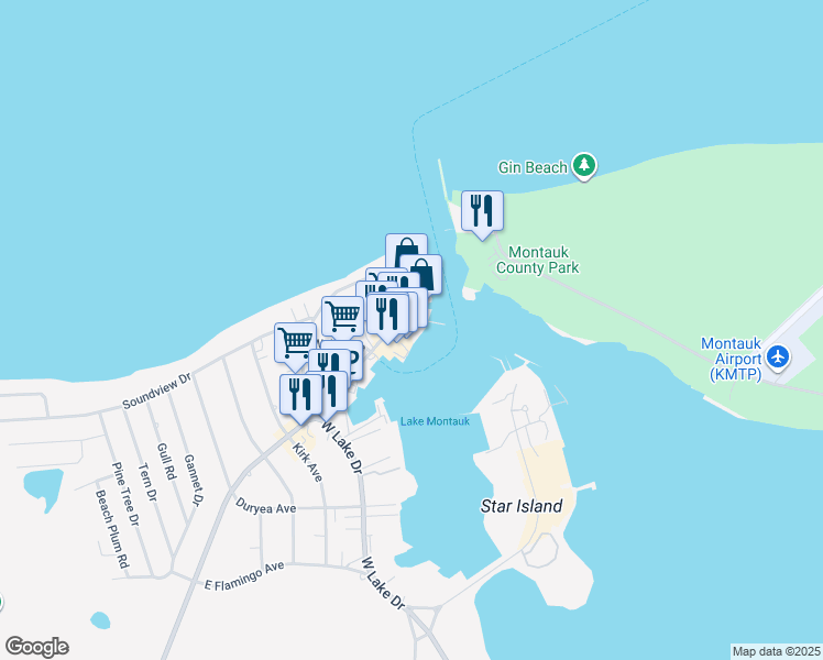 map of restaurants, bars, coffee shops, grocery stores, and more near 487 West Lake Drive in Montauk