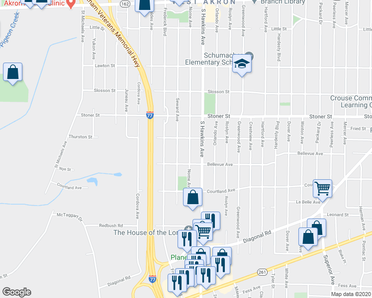 map of restaurants, bars, coffee shops, grocery stores, and more near 1271 Seward Avenue in Akron