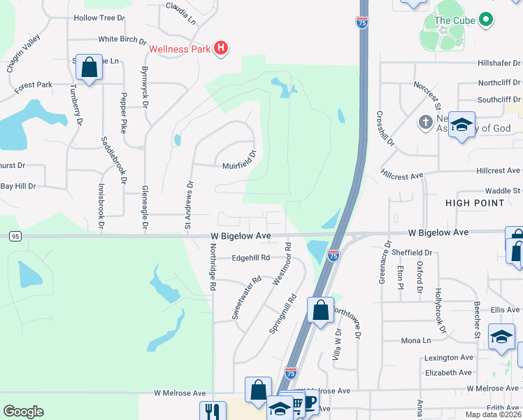 map of restaurants, bars, coffee shops, grocery stores, and more near 72 Springwood Condos in Findlay