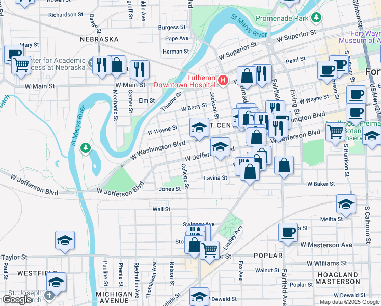 map of restaurants, bars, coffee shops, grocery stores, and more near 1011 College Street in Fort Wayne