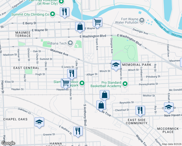 map of restaurants, bars, coffee shops, grocery stores, and more near 1201-1299 Lincoln Highway in Fort Wayne