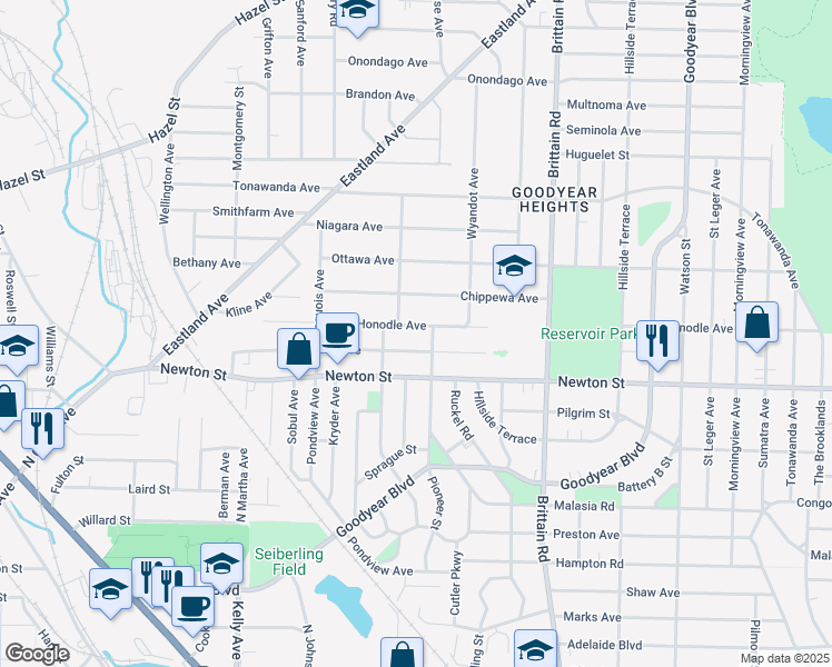 map of restaurants, bars, coffee shops, grocery stores, and more near 1390 Honodle Ave in Akron