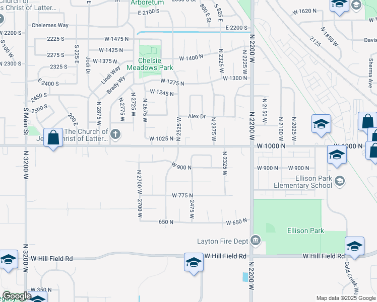 map of restaurants, bars, coffee shops, grocery stores, and more near 2476 West 975 North in Layton