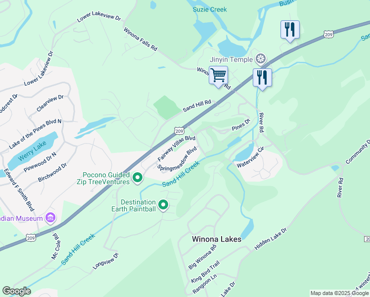 map of restaurants, bars, coffee shops, grocery stores, and more near 1622 Springmeadow Boulevard in East Stroudsburg