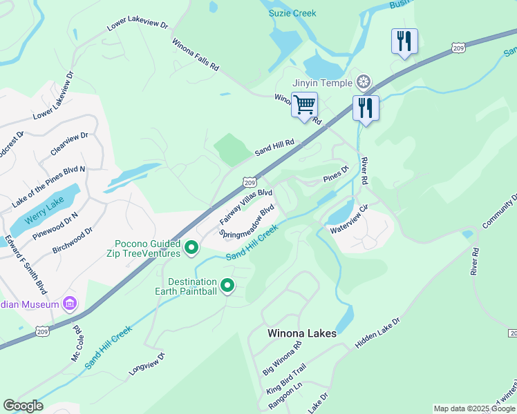 map of restaurants, bars, coffee shops, grocery stores, and more near 1622 Springmeadow Boulevard in East Stroudsburg