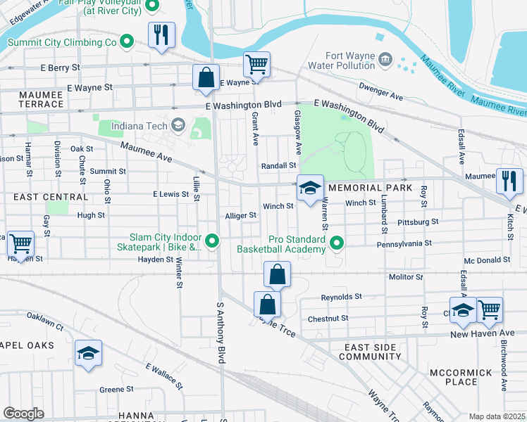 map of restaurants, bars, coffee shops, grocery stores, and more near 1301 Grant Avenue in Fort Wayne
