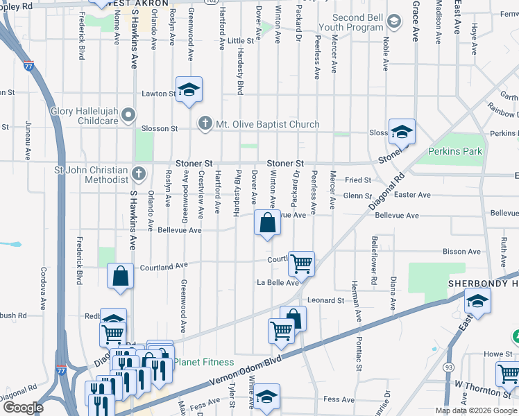 map of restaurants, bars, coffee shops, grocery stores, and more near 1144 Dover Avenue in Akron