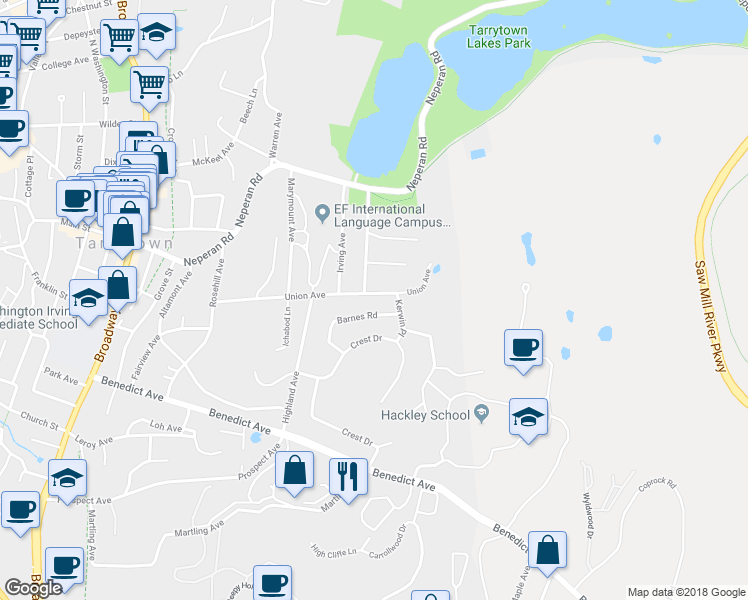 map of restaurants, bars, coffee shops, grocery stores, and more near 152 Union Avenue in Tarrytown