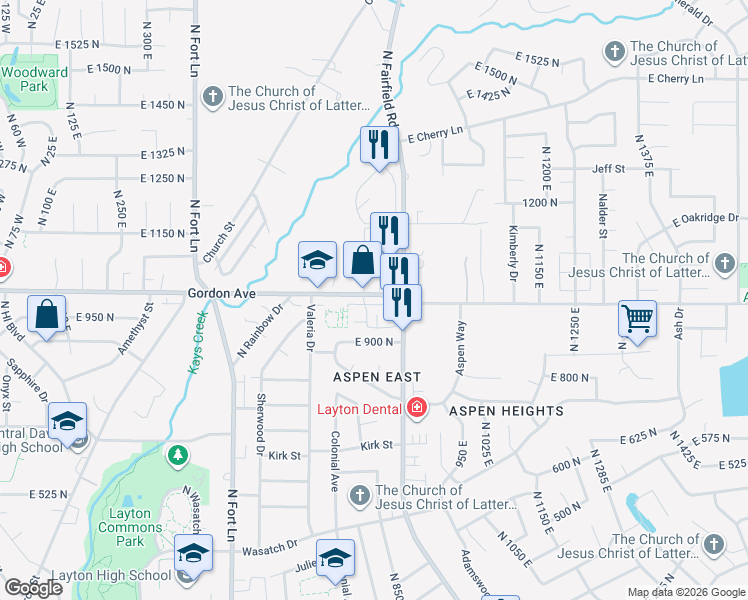 map of restaurants, bars, coffee shops, grocery stores, and more near 799 East Gordon Avenue in Layton
