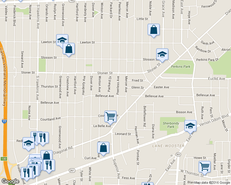 map of restaurants, bars, coffee shops, grocery stores, and more near 1097 Packard Drive in Akron