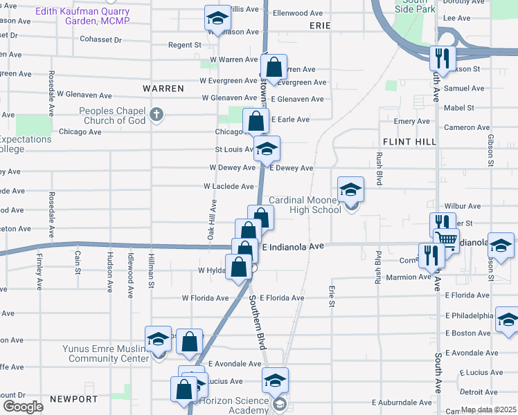 map of restaurants, bars, coffee shops, grocery stores, and more near Market Street in Youngstown