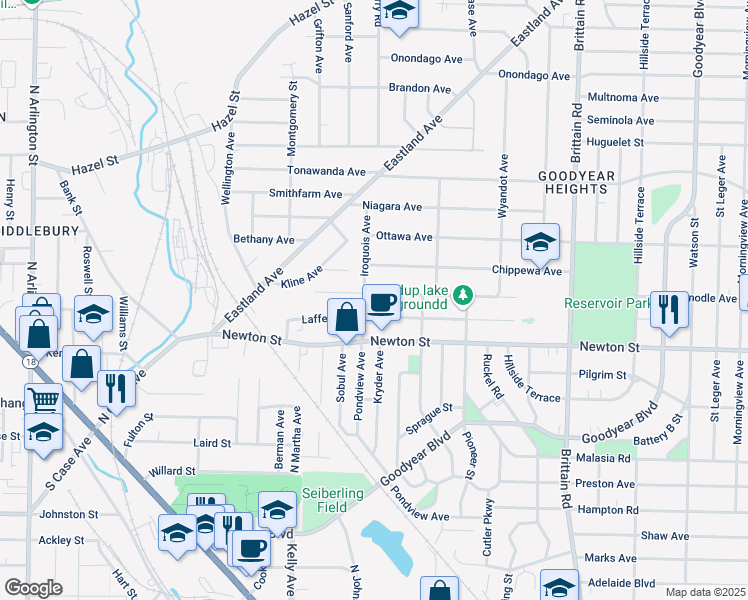 map of restaurants, bars, coffee shops, grocery stores, and more near 1310 Honodle Avenue in Akron