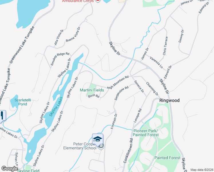 map of restaurants, bars, coffee shops, grocery stores, and more near 64 High Mountain Road in Ringwood
